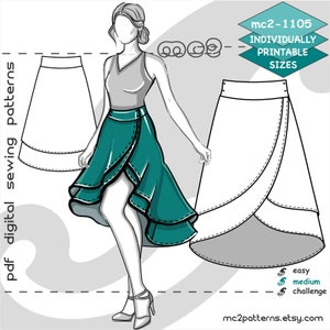 May include: A digital sewing pattern for a wrap skirt with a high-low hemline. The pattern is available in individually printable sizes and is labeled as a medium challenge. The pattern is shown on a model wearing a teal green skirt.