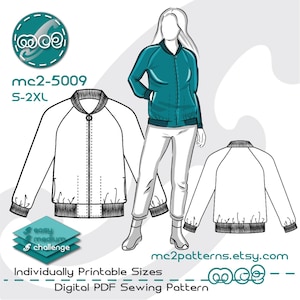 Patrón de costura para chaqueta bomber: Manga raglán sin forro (Descarga digital en PDF) S-2XL / mc2-5009