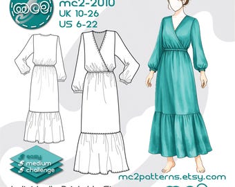 Maxi Dress Sewing Pattern: Wrap Bodice Bishop-sleeve (Digital PDF Download) UK10-26/US6-22 / mc2-2010