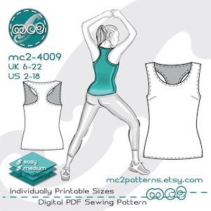 Patrón de costura para camiseta de tirantes con espalda deportiva: Jersey (Descarga digital en PDF) UK6-22/US2-18 / mc2-4009