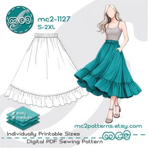 May include: A digital PDF sewing pattern for a tiered skirt, featuring a line drawing and a color illustration of the skirt in teal. The pattern includes sizes S-2XL and is labeled "easy" and "medium". The Etsy shop name mc2patterns.etsy.com is also visible.