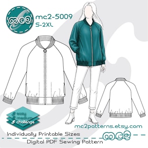 May include: A teal bomber jacket with a zipper closure, ribbed cuffs, and a ribbed collar is shown on a model wearing white pants and boots. The image also includes a line drawing of the jacket and the text "mc2-5009 S-2XL". The pattern is a digital PDF.