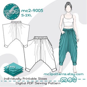 May include: Digital PDF sewing pattern for harem pants, featuring illustrations of the pants and a model wearing them. The pattern includes sizes S-2XL and is available for individual printing. The pattern is from mc2patterns.etsy.com.