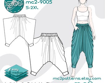 Puede incluir: Patrón de costura PDF digital para pantalones harén, con ilustraciones de los pantalones y un modelo que los lleva puestos. El patrón incluye tallas S-2XL y está disponible para impresión individual. mc2patterns.etsy.com.