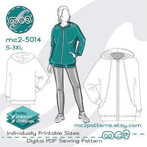Zip-Up Hoodie Jacket Sewing Pattern: Loose-Fit Jersey NO-Lining (Digital PDF Download) S-3XL / mc2-5014