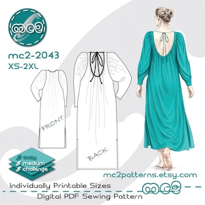 Puede incluir: Patrón de costura PDF digital para un vestido de manga larga con espalda baja. La imagen muestra un vestido turquesa sobre una modelo, junto con dibujos lineales delanteros y traseros. El patrón está etiquetado como "mc2-2043" e incluye tallas XS-2XL.