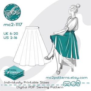 Patrón de costura para falda circular elegante con cremallera (descarga digital en PDF) UK6-20/US2-16 / mc2-1117