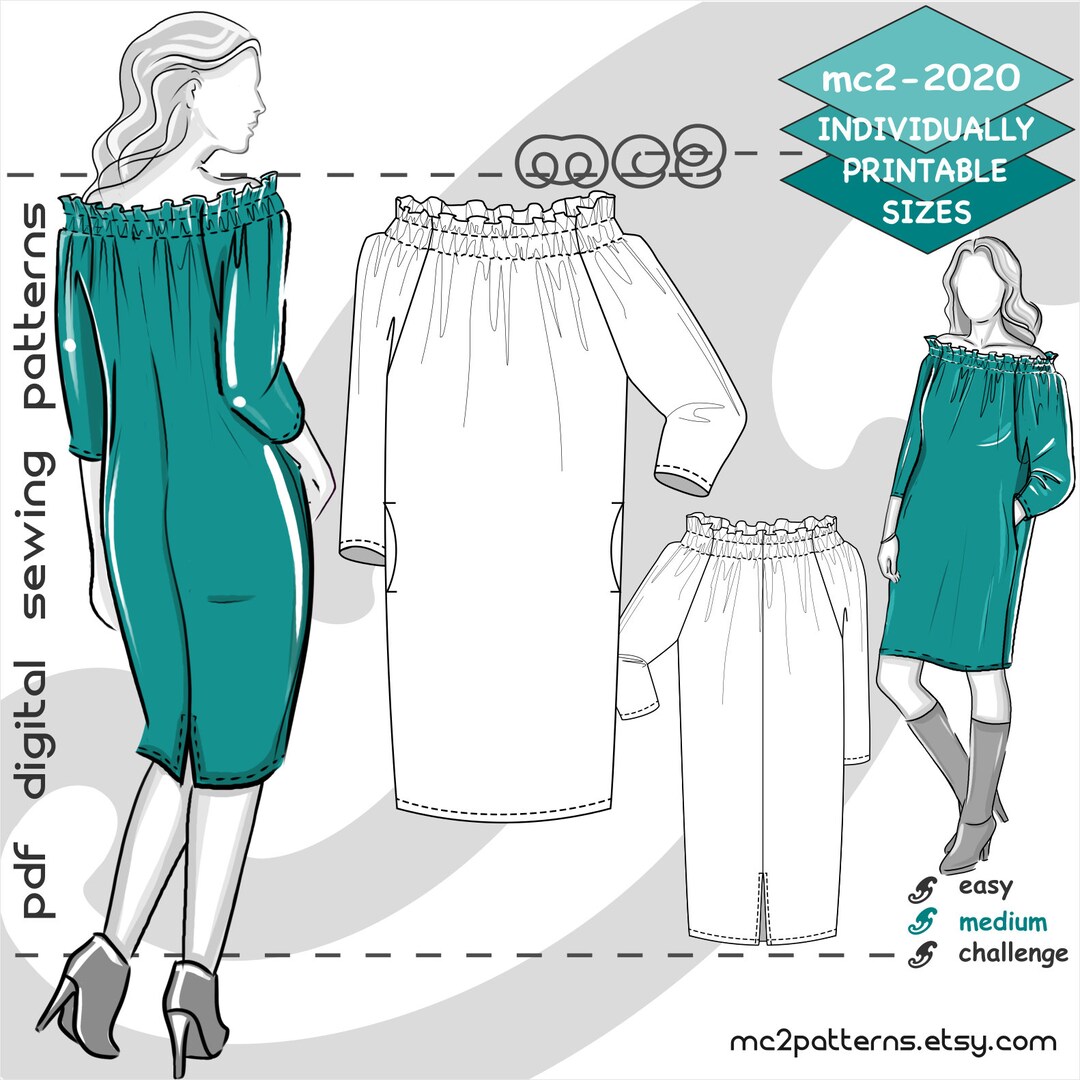 Sewing Raglan Shoulder Pattern Paper-bag Dress Sewing Pattern: Off-shoulder 3/4-raglan (digital PDF ...