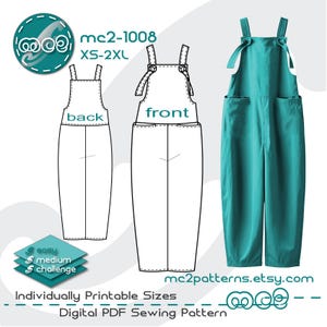 Puede incluir: Un patrón de costura de mono de color verde azulado, con el texto "mc2-1008 XS-2XL". La imagen muestra las vistas delantera y trasera del diseño, además de una prenda terminada. El patrón incluye niveles de dificultad y la dirección web mc2patterns.etsy.com.