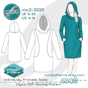 May include: A teal hooded dress pattern with long sleeves and pockets. The pattern includes a line drawing of the dress and a stylized illustration. Text on the image includes "mc2-2029", "UK 8-20", "US 4-16", and "mc2patterns.etsy.com".