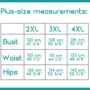 May include: A teal graphic with the text "Plus-size measurements:" and a table showing bust, waist, and hip measurements in inches and centimeters for sizes 2XL, 3XL, and 4XL.