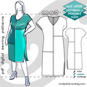 Puede incluir: Un patrón de costura digital para un vestido con cuello en V, mangas cortas y una abertura lateral. El patrón está disponible en varios tamaños y se puede imprimir individualmente. El patrón está etiquetado como "mc2-2028" y se describe como "fácil" de coser.