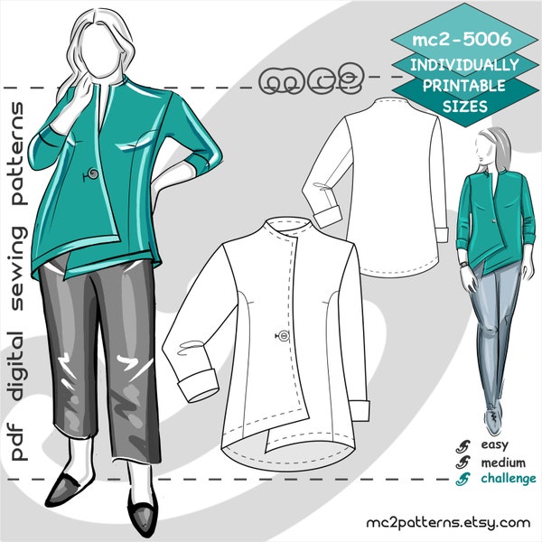 UK 10-26/ US 6-22/ Asymmetrical Jacket Cropped Sleeves/ Digital PDF Sewing Pattern for Women >mc2patterns< mc2-5006