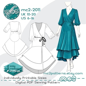 Schnittmuster Wickel-Kleid: 3/4-Ärmel Lagen-Rock (Digital PDF Download) UK10-20 / US6-16 / mc2-2011