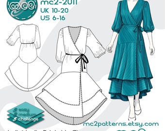 Wrap Dress Sewing Pattern: 3/4-sleeves Layered-skirt (Digital PDF Download) UK10-20/US6-16 / mc2-2011