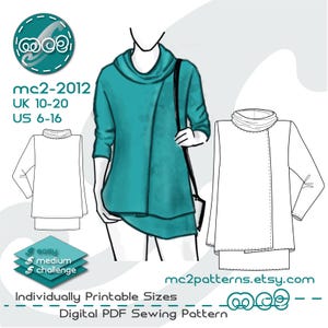 Shift Tunic Sewing Pattern: Cowl-Neck, Double-Layer (Digital PDF Download) UK10-20/ US6-16 / mc2-2012