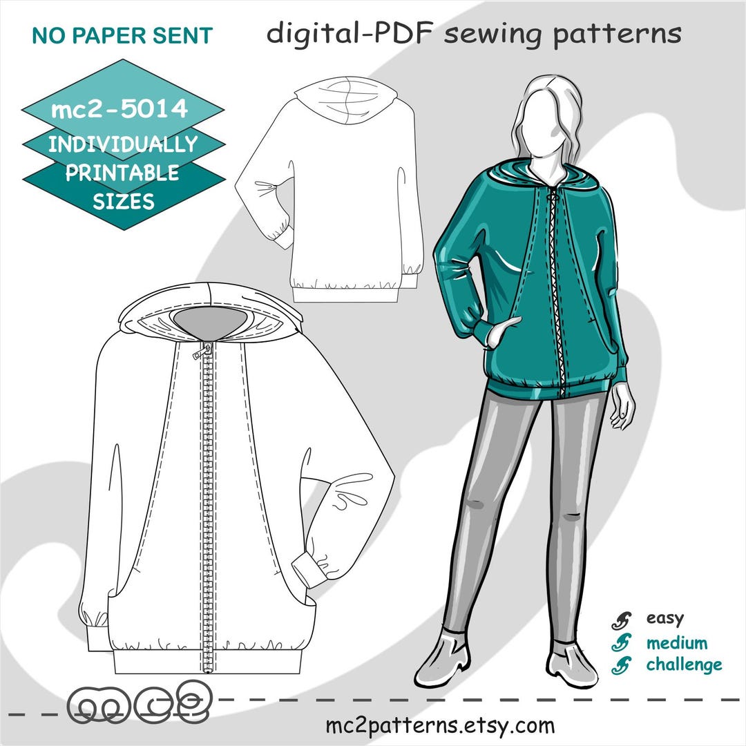Zip-up Hoodie Jacket Sewing Pattern: Loose-fit Jersey No-lining