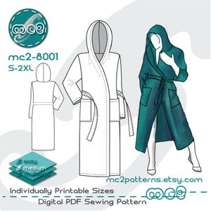 Dressing Gown Robe Bathrobe Sewing Pattern: Patch-pockets (Digital PDF Download) S-2XL / mc2-8001