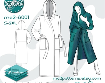 Dressing Gown Robe Bathrobe Sewing Pattern: Patch-pockets (Digital PDF Download) S-2XL / mc2-8001