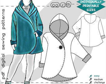 S-4XL/ PLUS-size/ Short Loose-fit Wrap-Coat with Hood/ Maternity-suitable/ Digital PDF Sewing Pattern for Women >mc2patterns< mc2-7001