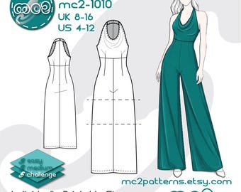 May include: Digital PDF sewing pattern for a cowl neck jumpsuit. The image includes a teal illustration of the jumpsuit, a line drawing of the pattern, and the text "mc2-1010, UK 8-16, US 4-12". The pattern is described as an easy to medium challenge.