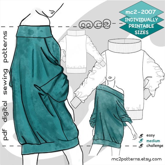 S 2XL Off shoulder Tunic Sweatshirt Jersey Digital PDF Sewing Pattern for Women mc2patterns Mc2 2007 Etsy