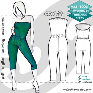 May include: A digital sewing pattern for a strapless jumpsuit with a fitted bodice and cropped legs. The pattern is available in multiple sizes and is labeled as easy to sew. The pattern is for individual use and is printable.