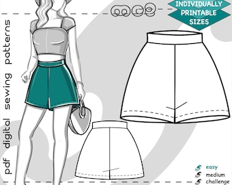 May include: A digital sewing pattern for a skirt with a high waist and a flared silhouette. The pattern is available in multiple sizes and is labeled "mc2-9024 Individually Printable Sizes". The pattern is rated as easy, medium, or challenge.