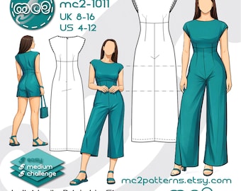 May include: A teal jumpsuit sewing pattern with illustrations of the garment and a model wearing it. The pattern includes sizes UK 8-16 and US 4-12. The difficulty level is marked as easy to medium challenge. The text "mc2patterns.etsy.com" is visible.