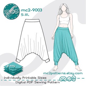 May include: Digital PDF sewing pattern for harem trousers, with a line drawing of the trousers and a model wearing them. The pattern includes sizes S-XL and is labeled "mc2-9003". The website mc2patterns.etsy.com is also displayed.