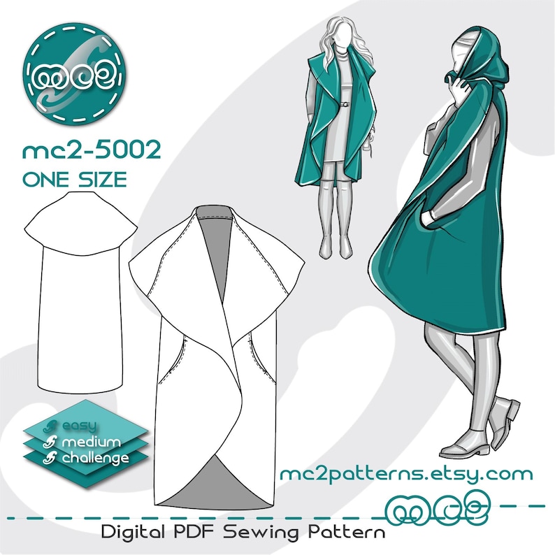 Sleeveless Coat Wrap Sewing Pattern: Upcycled-blanket NO-lining (Digital PDF Download) ONE-size / mc2-5002 image 1