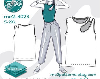 Asymmetrical Tank Top Vest Sewing Pattern: Sleeveless Jersey (Digital PDF Download) S-2XL / mc2-4023