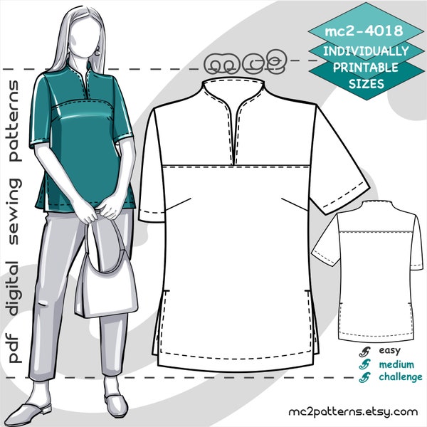 UK 6-26/ US 2-22/ Shift Top Built-in Collar/ Digital PDF Sewing Pattern for Women >mc2patterns< mc2-4018