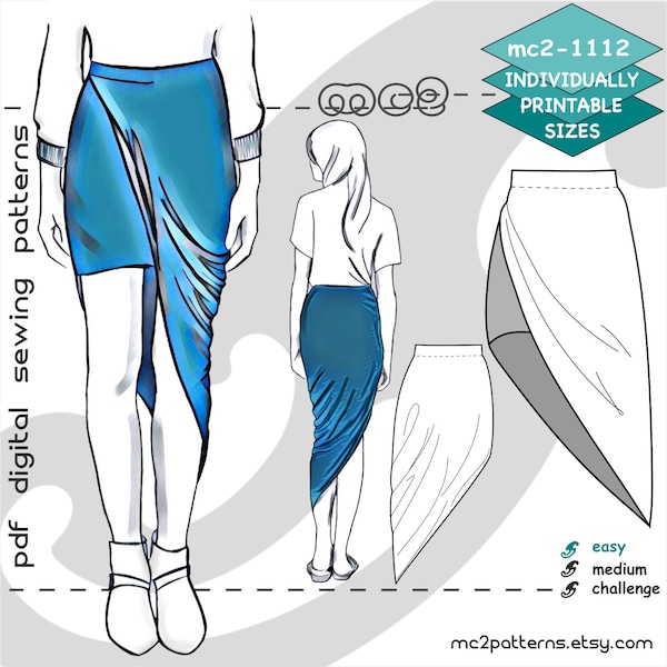 UK 6-20/ US 2-16/ Jersey Twisted High-Low Skirt/ Digital Sewing PDF-pattern for Women >mc2patterns< mc2-1112