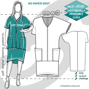 Naaipatroon Dolman-jurk: wijde opgestikte zakken met korte mouwen (digitale pdf-download) S-2XL / mc2-2030
