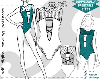 May include: A digital sewing pattern for a teal bodysuit with a mesh panel and a criss-cross detail. The pattern is available in individually printable sizes and is labeled as a medium challenge. The pattern is available on Etsy at mc2patterns.etsy.com.