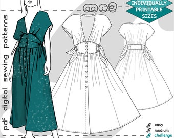 S-2XL/ Dress Button-Front Low-Neckline Side-Ties/ Digital PDF Sewing Pattern for Women >mc2patterns< mc2-2009