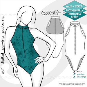 S-XL/ Swimsuit with Zip-Front Halter & Open-Back/ Digital Sewing PDF-pattern for Women &gt;mc2patterns&lt; mc2-1503