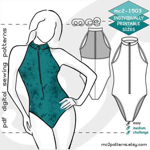 S Xl Swimsuit With Zip Front Digital Sewing Pdf Pattern For Etsy