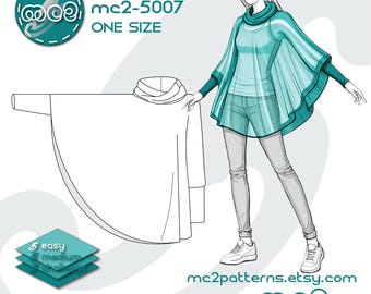 Circle Cape/Poncho Sewing Pattern: Cowl-neck High-cuff (Digital PDF Download) ONE-size / mc2-5007