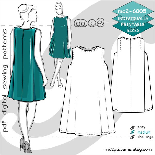 UK 10-20/ US 6-16/ Tent-Dress Pleated-Back/ Digital Sewing PDF-pattern for Women >mc2patterns< mc2-6005