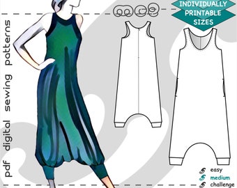 XS-L/ Racer-back Jumpsuit Harem-style/ Maternity-suitable/ Digital Sewing pdf-pattern for women >mc2-patterns< mc2-1001
