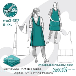 Wykrój na fartuch z krzyżowym tyłem: prosty, pudełkowy, w stylu japońskim (do pobrania w formacie PDF) S-4XL / mc2-1317