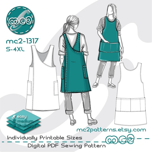 Cross-Back Pinafore Apron Sewing Pattern: Straight Boxy Japanese-style (Digital PDF Download) S-4XL / mc2-1317