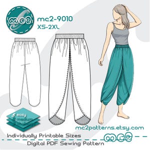 Puede incluir: Patr&oacute;n de costura PDF digital para pantalones har&eacute;n, con una ilustraci&oacute;n turquesa de los pantalones y un modelo que los lleva puestos. El patr&oacute;n incluye tallas XS-2XL y est&aacute; etiquetado como "f&aacute;cil" y "medio". El texto "mc2patterns.etsy.com" tambi&eacute;n es visible.