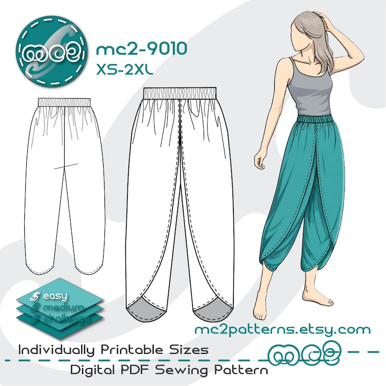 Puede incluir: Patr&oacute;n de costura PDF digital para pantalones har&eacute;n, con una ilustraci&oacute;n turquesa de los pantalones y un modelo que los lleva puestos. El patr&oacute;n incluye tallas XS-2XL y est&aacute; etiquetado como "f&aacute;cil" y "medio". El texto "mc2patterns.etsy.com" tambi&eacute;n es visible.