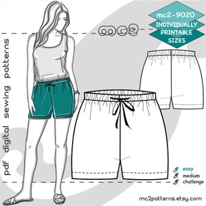 May include: A digital sewing pattern for shorts with a drawstring waist. The pattern is available in multiple sizes and is labeled as easy to sew. The image shows a woman wearing a pair of teal shorts made from the pattern.