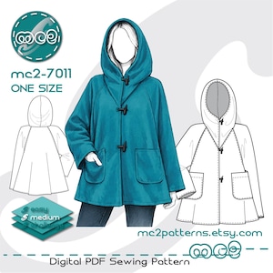 Hooded Coat Cape Cloak Sewing Pattern: Upcycled-blanket NO-lining (Digital PDF Download) ONE-size / mc2-7011