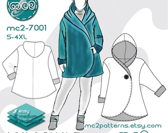 May include: Digital PDF sewing pattern for a hooded wrap coat. The illustration shows a teal coat with a hood, cuffs, and a button closure. The pattern includes sizes S-4XL and is labeled "easy" and "medium" difficulty.
