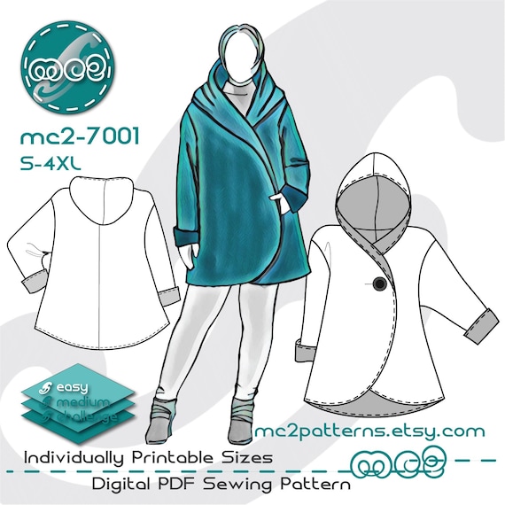 Wrap Coat Sewing Pattern: Loose-fit Hooded NO-lining Maternity-suitable (Digital PDF Download) S-4XL / mc2-7001